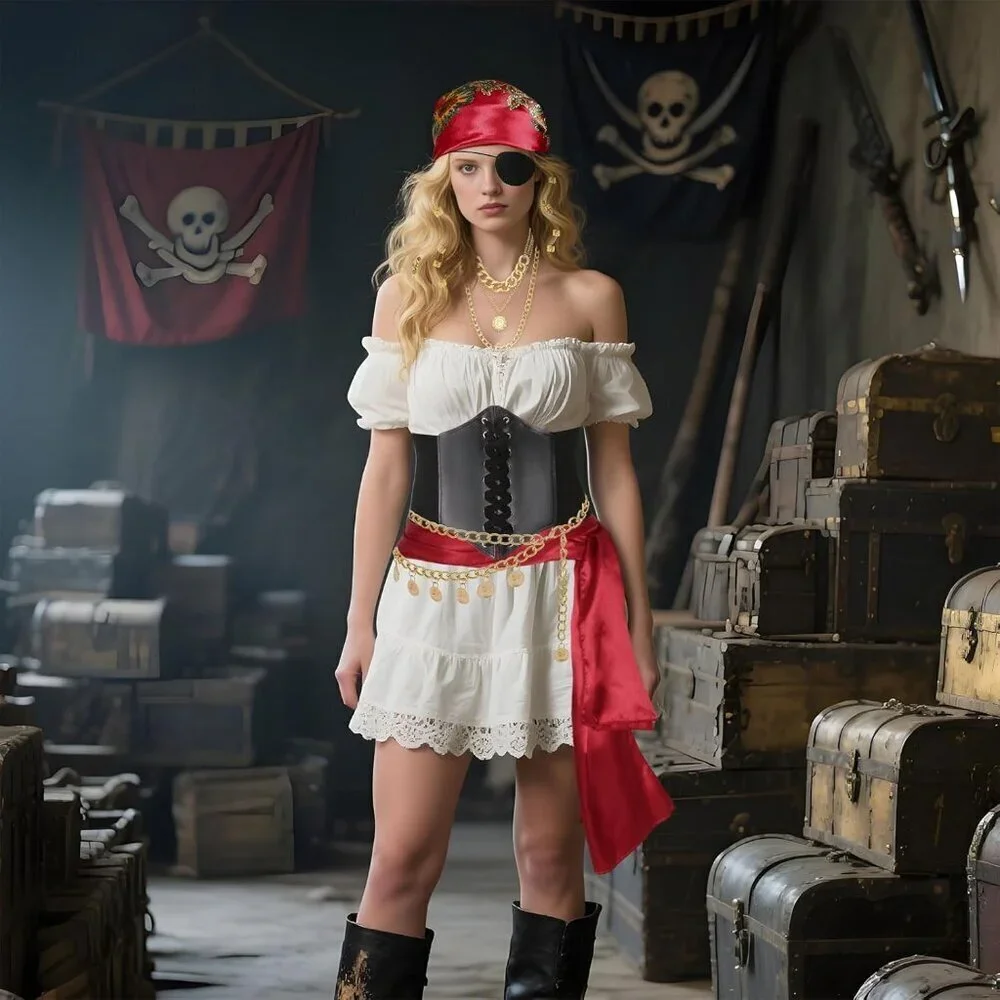 Pirate Costume Accessories Set Women 8 Pcs Headscarf Chain Sash Necklace Belt